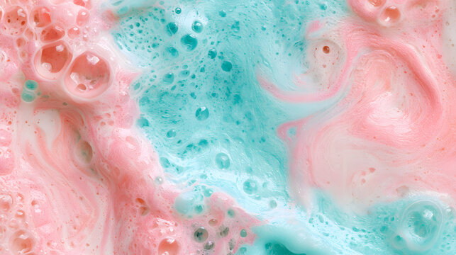 Bubbles in pink and turquoise, rising in soft pastel hues, create a lively texture that is reminiscent of a playful bath experience