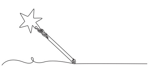 Magic stick one line continuous. Line art Magic Wand. Hand drawn vector art, Magic wand linear drawn continuous icon. Magic staff black one line vector icon, continuous line drawing of magic wand with © Line Motion