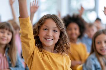 Fototapeta premium Young girl raises hand in classroom. She smiles brightly, showing eagerness to participate. Classmates smile, watching attentively. Bright, cheerful atmosphere in educational setting
