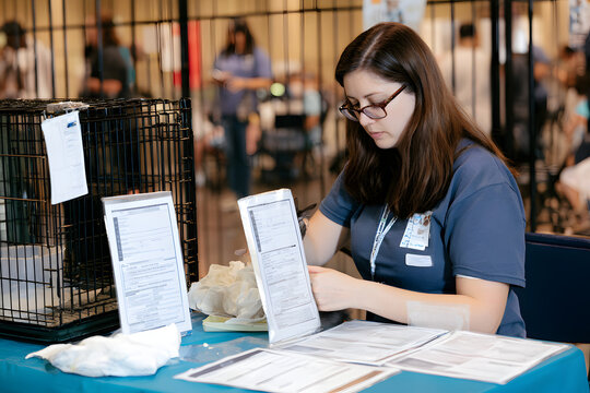 The worker at the cat adoption event is preparing scent cloths and adoption forms