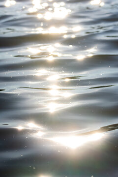 Sunlight sparkles dance across gentle ripple on a calm lake surface creating a dreamy pattern of silver highlights and soft waves An abstract nature background of shimmering reflections