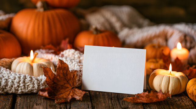 Blank white greeting card mockup placed on a rustic wooden table surrounded by autumn pumpkins, fall leaves, a cozy blanket, and warm glowing candles for fall season themes
