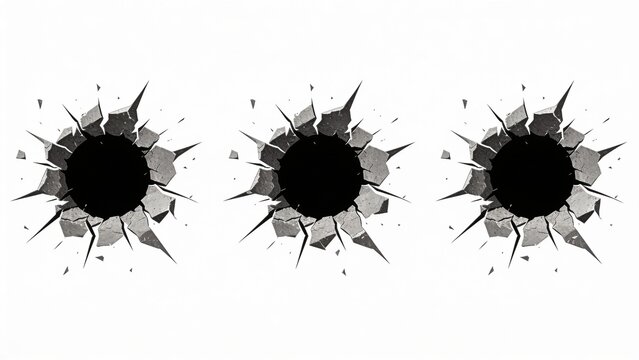 illustration of three bullet hole graphics arranged horizontally on a white background. Each bullet hole is depicted with a central black circle surrounded by jagged, irregular gray edges,