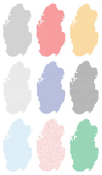 Qatar map vector design with nine different dot and pattern styles for infographic.