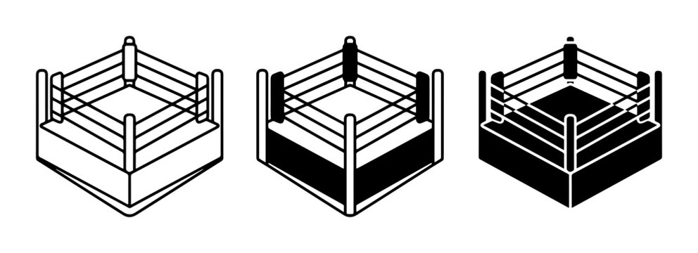Isometric boxing ring icon set, professional wrestling arena vector graphics, black and white combat sports stage illustrations for competition