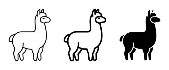 Minimalist alpaca icon set, black and white llama vector illustrations, simple outline and silhouette animal graphics for logo design and web UI © Iconbyart1
