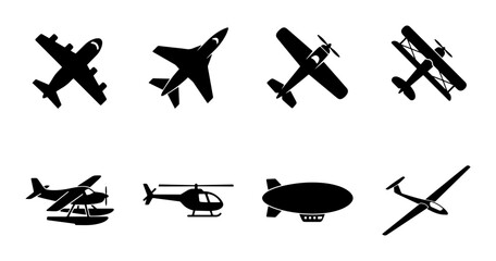 Aviation silhouette icons set, 8 aircraft vector symbols including airplane, helicopter and blimp, black flight transport graphics on white background © Iconbyart1