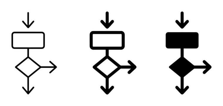 Minimalist flowchart icons set, black linear and solid process diagram symbols, workflow algorithm vector elements for business presentation