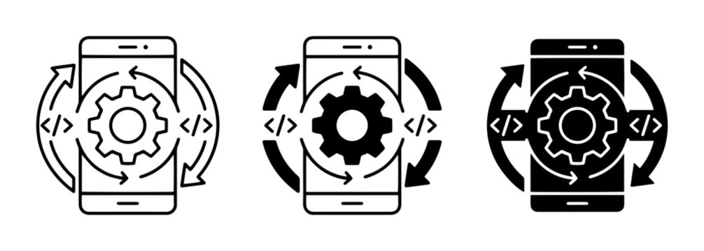 Mobile app development icons set, smartphone software engineering symbols, digital coding and system processing vector graphics for UI design