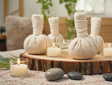 Herbal compress balls for professional body massage. Thai spa treatment setting with burning candles and smooth stones on a wooden board. Zen relaxation atmosphere for wellness therapy.