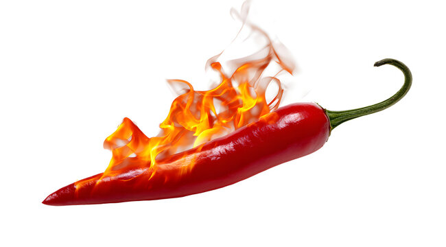 A fiery red chile pepper with flames on a white background