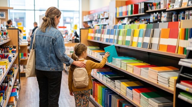 Mother helping young daughter choose notebooks and school supplies at a stationery store for back to school season