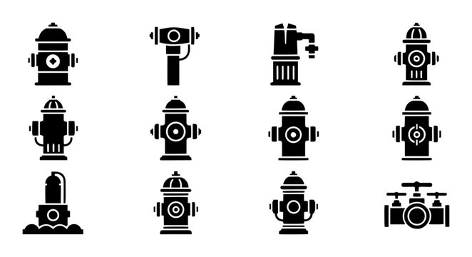 Fire hydrant silhouette icons set, various types, emergency services, solid black style