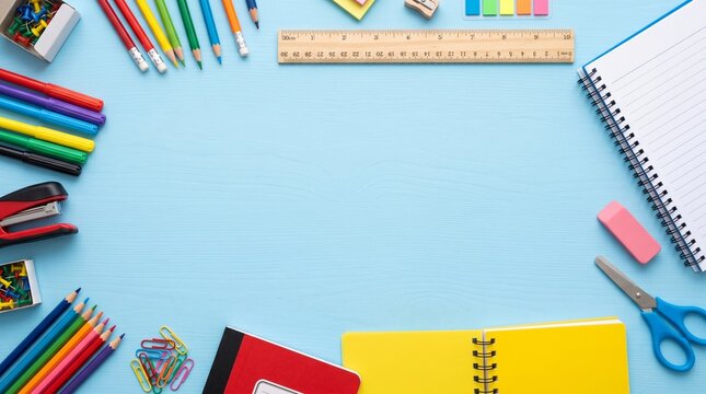 Colorful school and office supplies arranged as a vibrant border on a light blue background, conceptualizing education, learning, and creative study themes