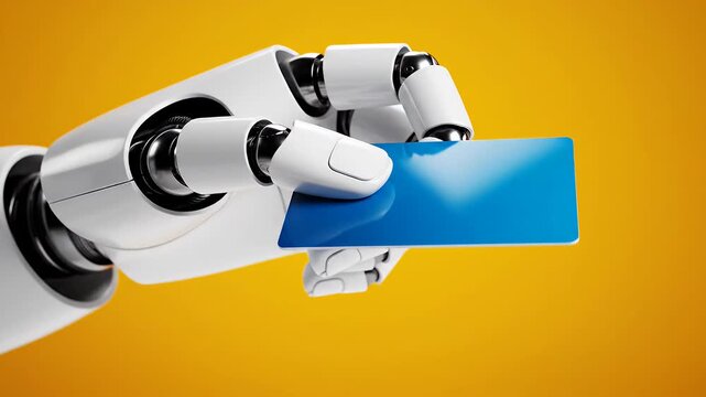 Robotic hand holding blue credit card on yellow background.