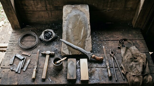 Traditional bladesmith tools and kris dagger on a wooden workbench