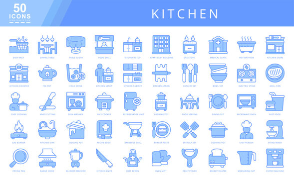 Kitchen Icons Collection for Cooking Equipment, Food Preparation, Dining Essentials, Kitchen Appliances, Culinary Tools, Home Cooking, Restaurant Supplies, and Kitchen Organization.
