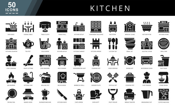 Kitchen Icons Collection for Cooking Equipment, Food Preparation, Dining Essentials, Kitchen Appliances, Culinary Tools, Home Cooking, Restaurant Supplies, and Kitchen Organization.