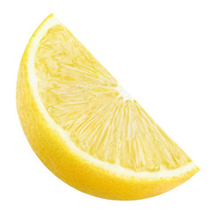 Fresh juicy lemon wedge with bright yellow pulp, isolated on transparent cutout background