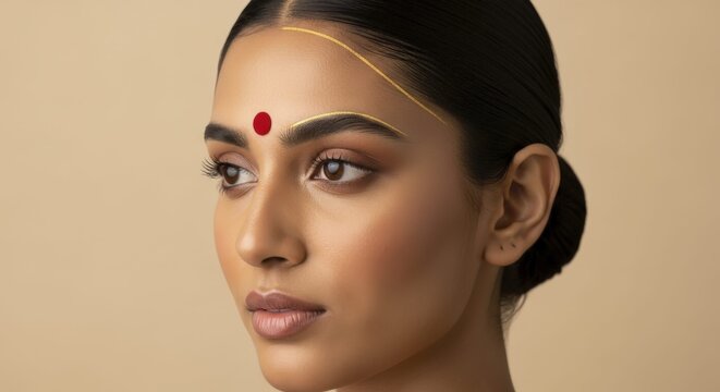 indian woman with red bindi and gold face line, traditional beauty portrait