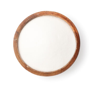 Baking soda in wooden bowl isolated on white, top view