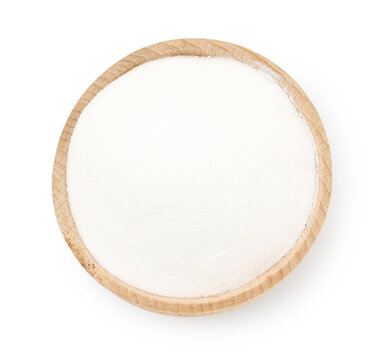 Baking soda in wooden bowl isolated on white, top view