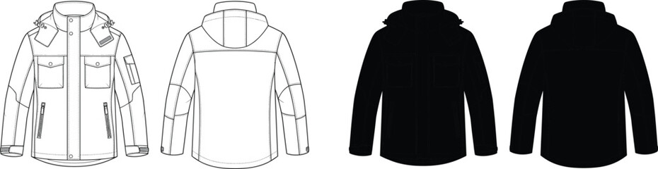 Winter hooded jacket vector illustration with front and back technical sketch flat design views © MstAshida