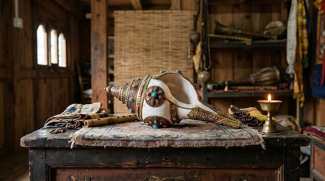 Ornate ceremonial conch shell and sacred objects on a wooden altar