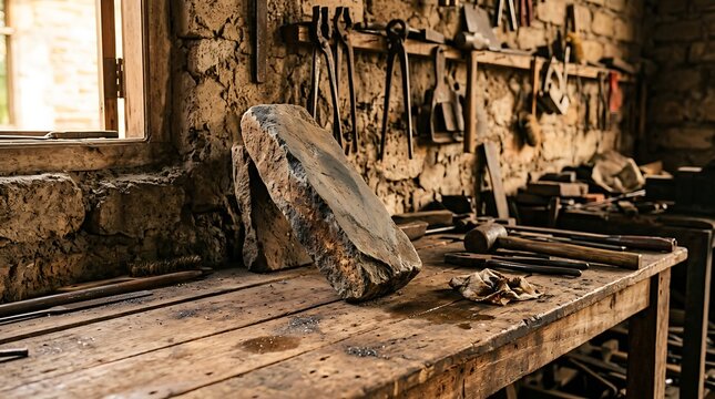 Rustic blacksmith workshop with vintage tools and stone on workbench