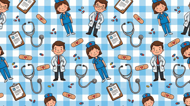 seamless pattern featuring cartoon style medical clinic scenes with happy doctors cheerful nurses shiny stethoscopes neat clipboards tiny pills and cute bandages in bright lighting