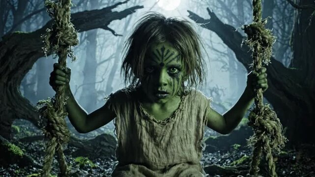 Eerie young child with green skin and tribal face paint sits on a rope swing in a dark misty forest under a pale moon evoking a sense of mystery and folklore