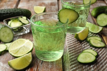 Fototapeta premium Cucumber juice in glasses, fresh vegetables and lime pieces on wooden table, closeup