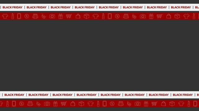 Seamless looping background animation of moving top and bottom stripes with Black Friday text and shopping elements around black center copy space area. Flat style promo frame banner concept