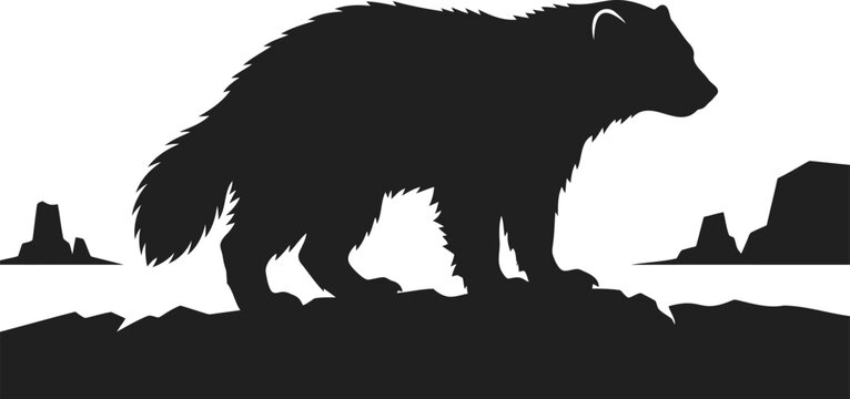 Black silhouette of a wolverine standing on rocky ground against a white background, animal silhouette