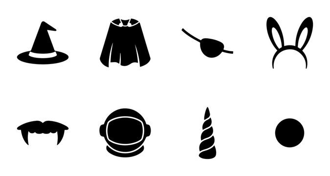 Halloween Costume Icons Set, Party Accessories Vector Graphics, Witch Hat, Vampire Fangs, Pirate Eye Patch, Bunny Ears, Astronaut Helmet, Unicorn Horn