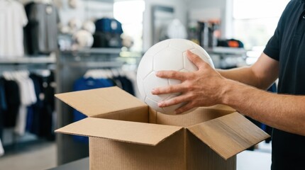 Store employee hands taking a fresh white soccer ball out of a cardboard shipping box on a store floor.