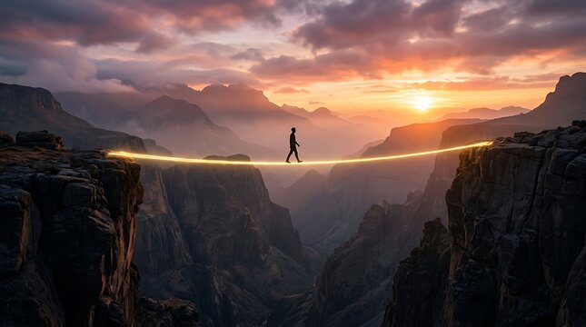 Person walking on glowing light bridge spanning across deep canyon gorge during sunset