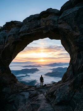 Lone photographer standing under natural stone arch looking over mountain landscape above clouds at sunrise