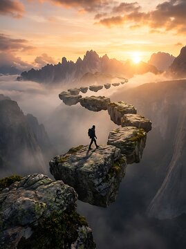 Hiker walking across floating stone platform path high above mountain valley at sunset