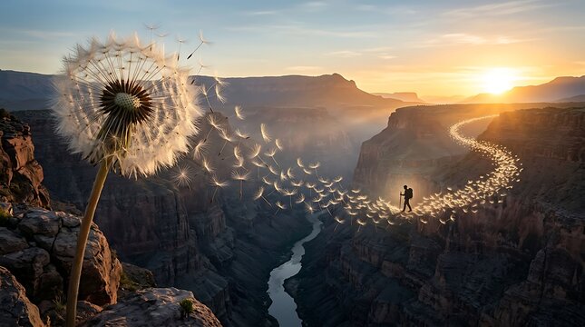 Hiker walking on path of floating dandelion seeds across deep mountain canyon at sunset