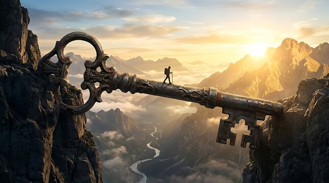 Hiker walking across giant antique key bridge spanning deep mountain canyon at sunset