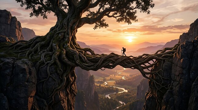 Hiker walking across massive tree root bridge connecting two mountain cliffs at sunset