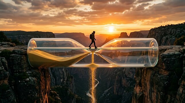 Hiker walking across glass hourglass bridge spanning mountain canyon with sand falling