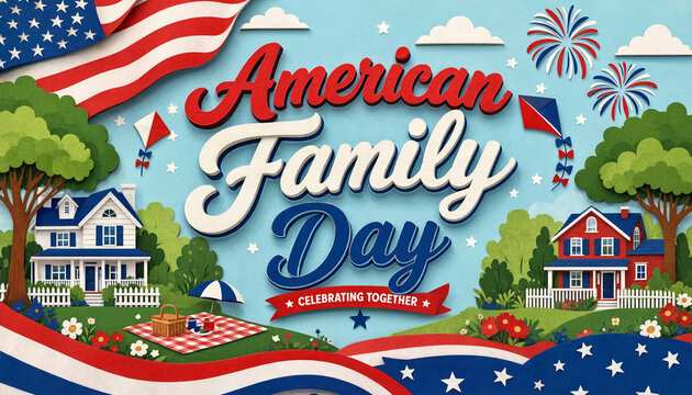 American family day festive illustration with rural house and summer holiday elements