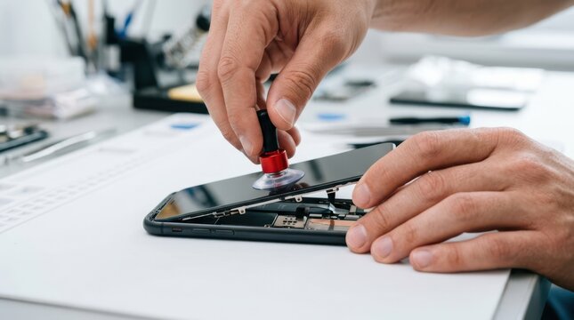 Technician using suction tool and screwdriver to lift disassembled smartphone screen in workshop.