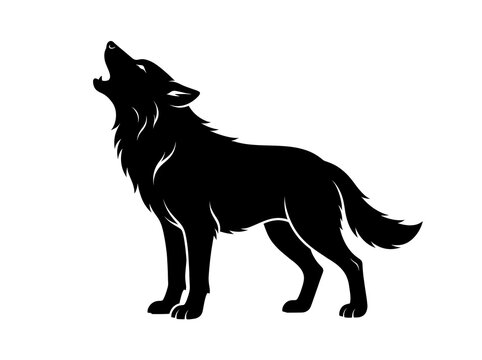 Howling wolf silhouette, black predatory animal profile on white background, wild timber wolf mascot icon, minimalist canine predator graphic