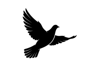 Fototapeta premium Minimalist flying dove silhouette, black bird icon on white background, peaceful pigeon symbol of hope and freedom for logo design