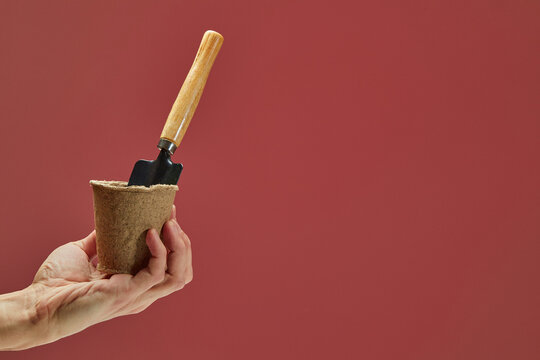 Hand holding biodegradable peat pot and small trowel on a red background, ready for spring planting