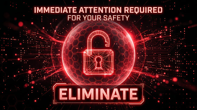 Data security alert with glowing red padlock and eliminate command overlay security technology eliminate protection vulnerability internet abstract software