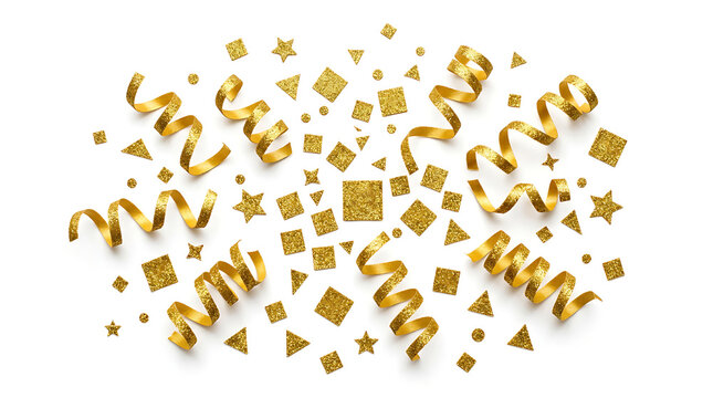 Festive gold party confetti and metallic ribbons with confetti streamers celebration metallic birthday decoration background celebrate new year abstract glamorous